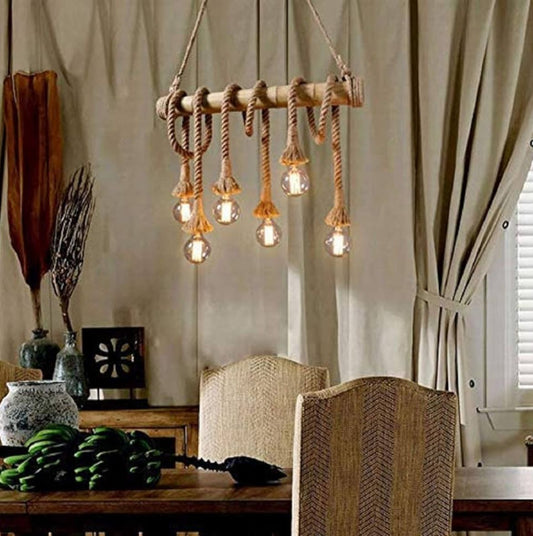 🌿 Rustic Bamboo Rope Chandelier – Handcrafted 6-Bulb Hanging Lamp | Now ₹1,299 (MRP ₹2,299)